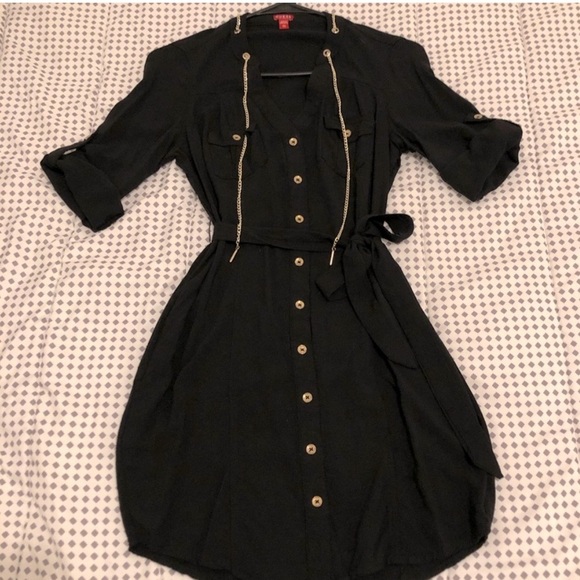 [S]VTG Guess Black Button-Up Shirt Tunic Dress with Gold Chain - Picture 2 of 13